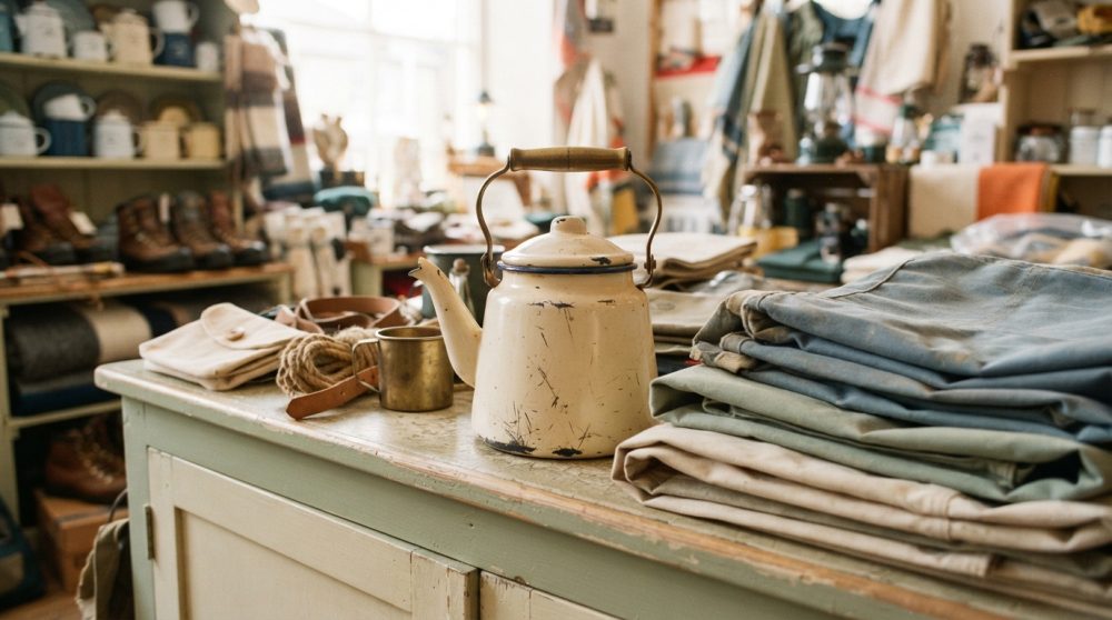 Bule metálico antigo, roupa dobrada e utensílios de campismo numa loja rústica com botas e acessórios no fundo