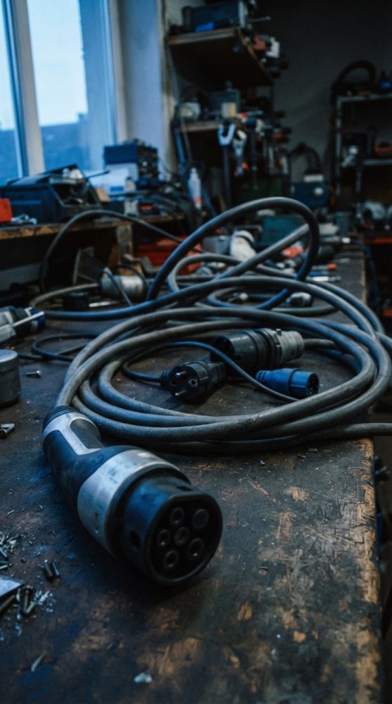 Cabo de carregamento de veículo elétrico sobre bancada numa oficina automóvel com ferramentas