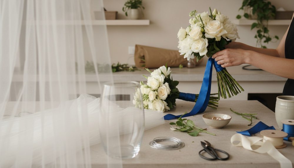 Mãos seguram bouquet de flores brancas com fita azul sobre mesa com materiais para arranjo floral
