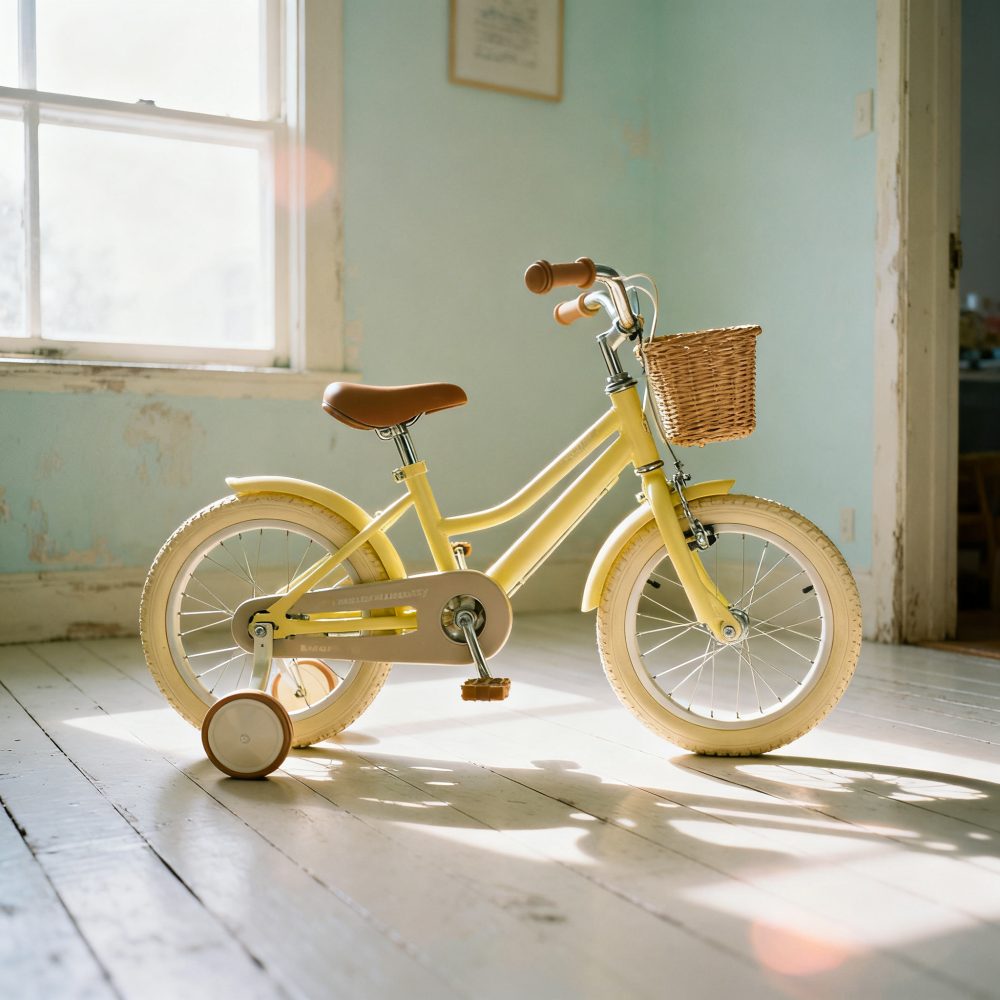 Bicicleta infantil amarela com rodas de apoio e cesto de vime em quarto iluminado
