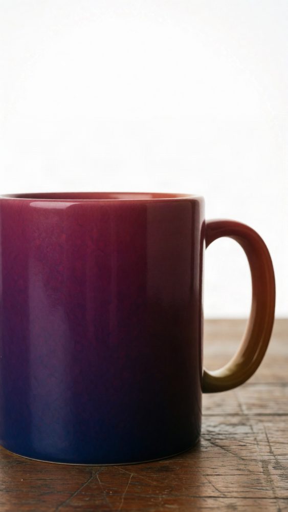Caneca cerâmica com gradiente de roxo, azul e castanho sobre mesa de madeira