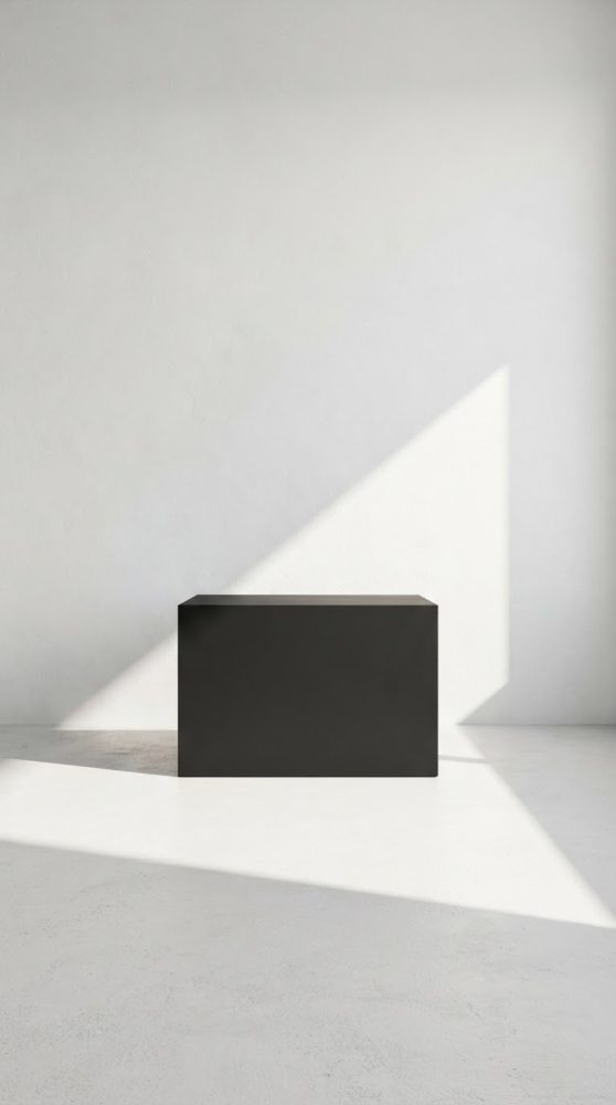 Bloco preto retangular em superfície branca com sombras geométricas de luz natural