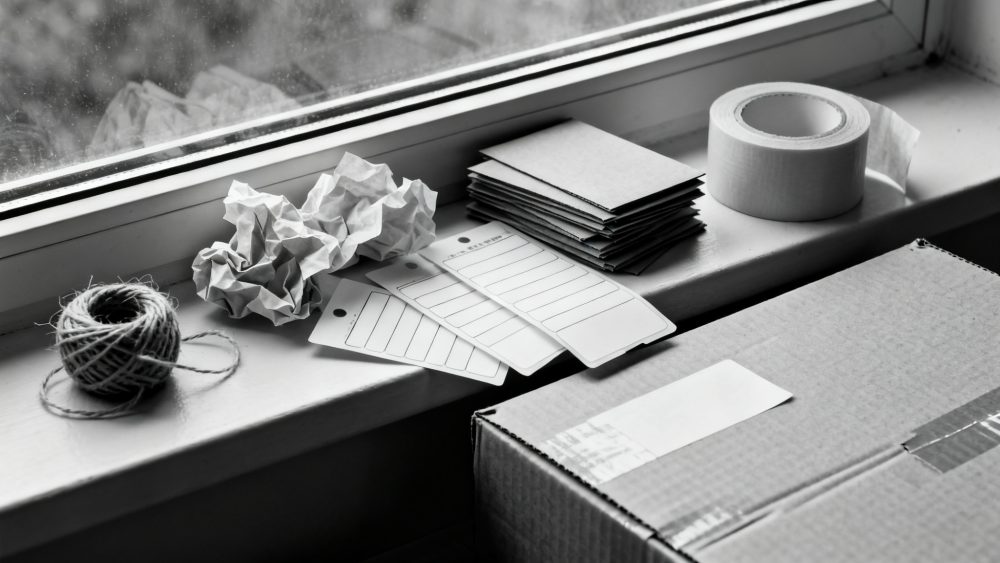 Materiais para embalagem: caixa de cartão, fita adesiva, etiquetas, cordão e papel amassado junto a uma janela
