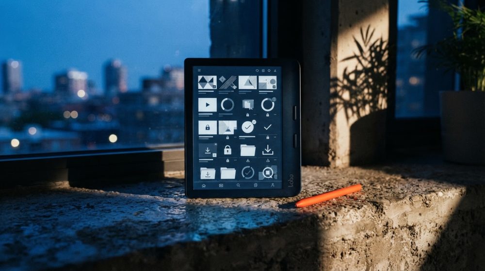Tablet digital com interface gráfica e caneta laranja num peitoril com vista urbana nocturna