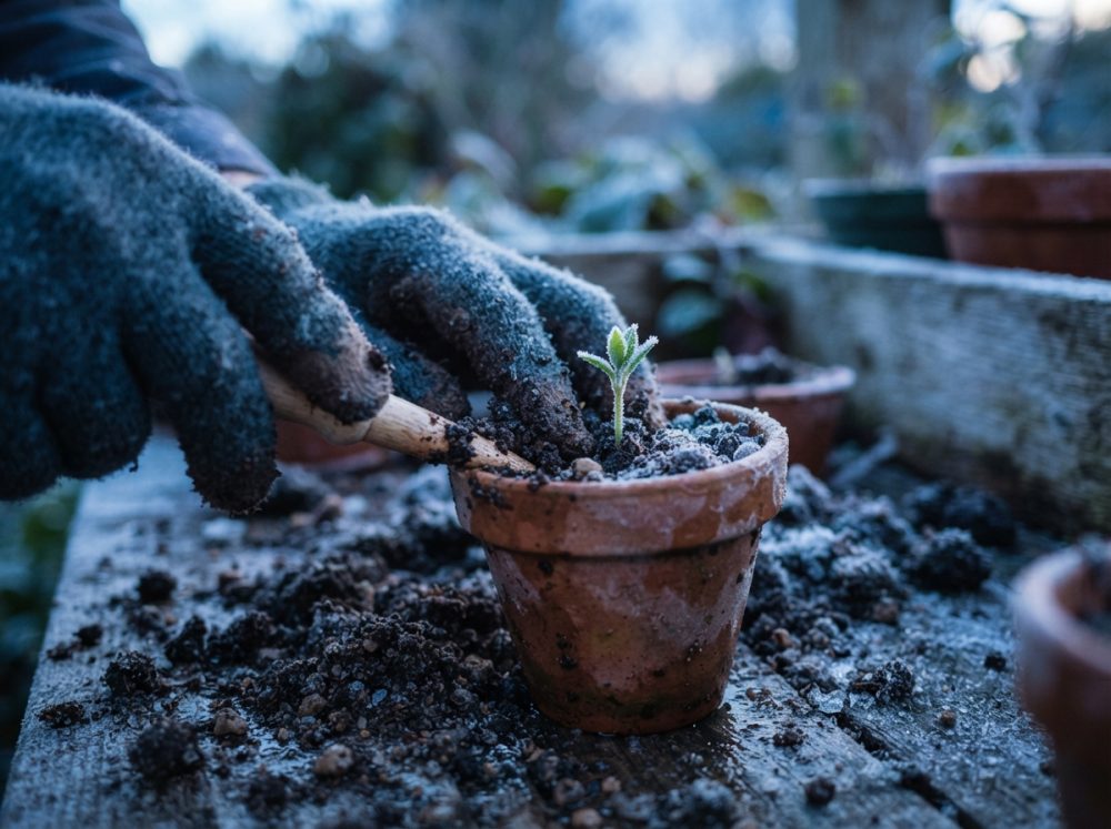 Mãos com luvas a plantar muda num vaso de barro com terra espalhada numa mesa de madeira