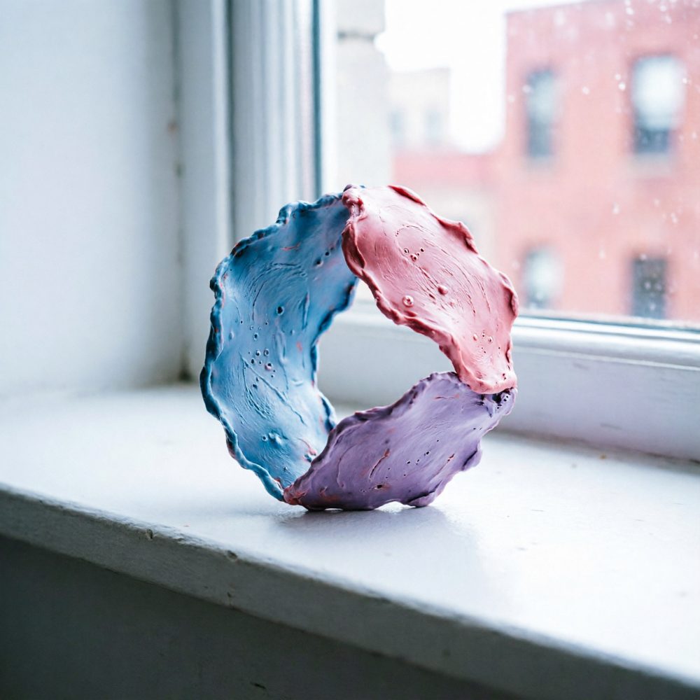 Escultura abstrata circular em azul, rosa e lilás sobre parapeito branco junto a janela.