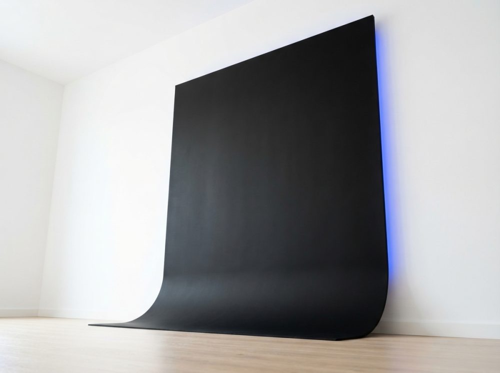 Fundo fotográfico preto curvado apoiado numa parede branca com luz azul lateral