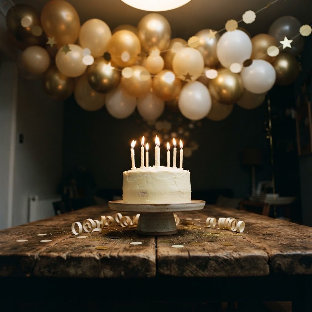 Bolo branco com velas acesas numa mesa de madeira com balões dourados e brancos ao fundo