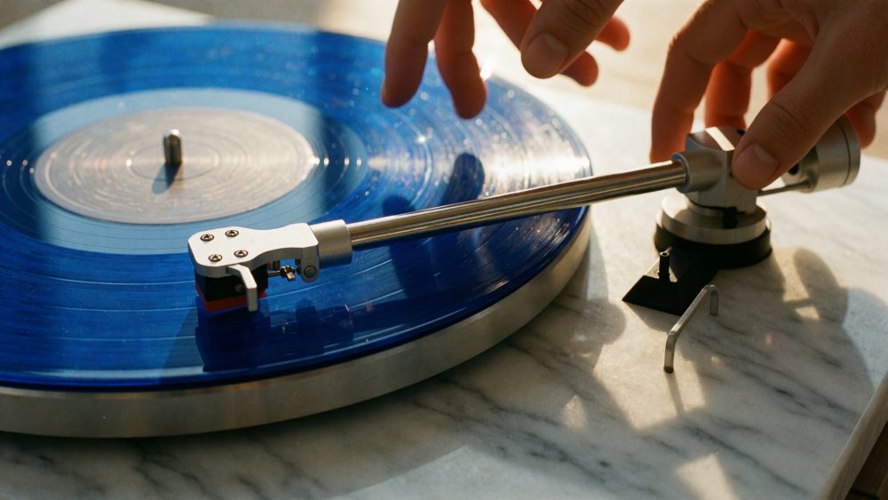 Tocadiscos com disco azul de vinil e mão a posicionar agulha sobre mesa de mármore