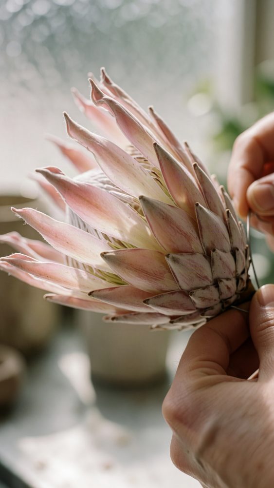 Mãos a segurar delicadamente uma flor Protea rosa com pétalas alongadas e suavemente iluminada