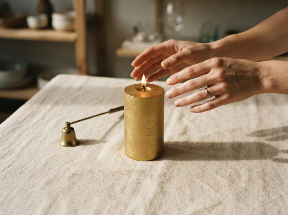 Mãos próximas a uma vela dourada acesa com apagador metálico numa mesa com tecido claro