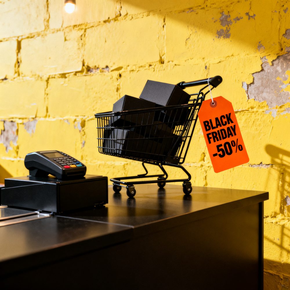 Mini carrinho preto com caixas e etiqueta de desconto Black Friday -50% sobre mesa preta e parede amarela.