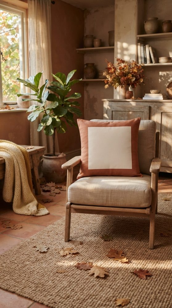 Cadeira com almofada terracota e branca num ambiente rústico com plantas e decoração natural.