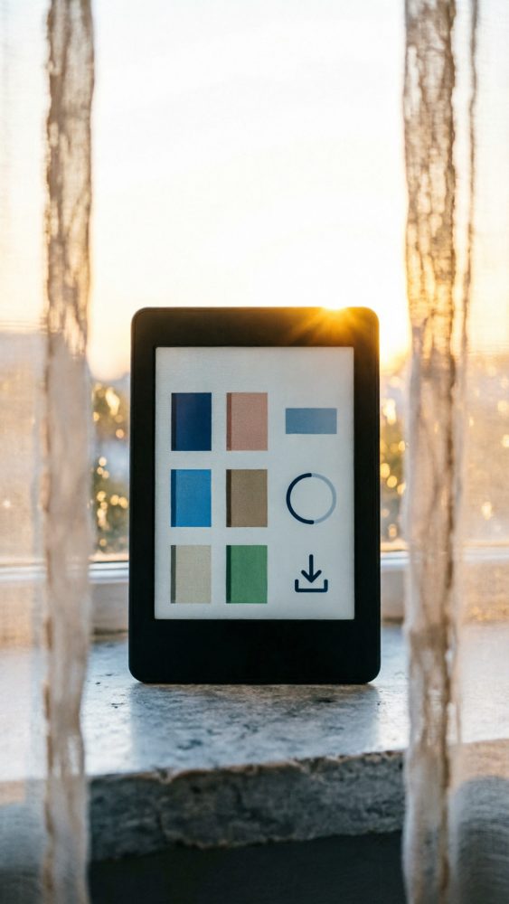 Leitor de e-book com interface digital a cores diante de uma janela ao pôr do sol