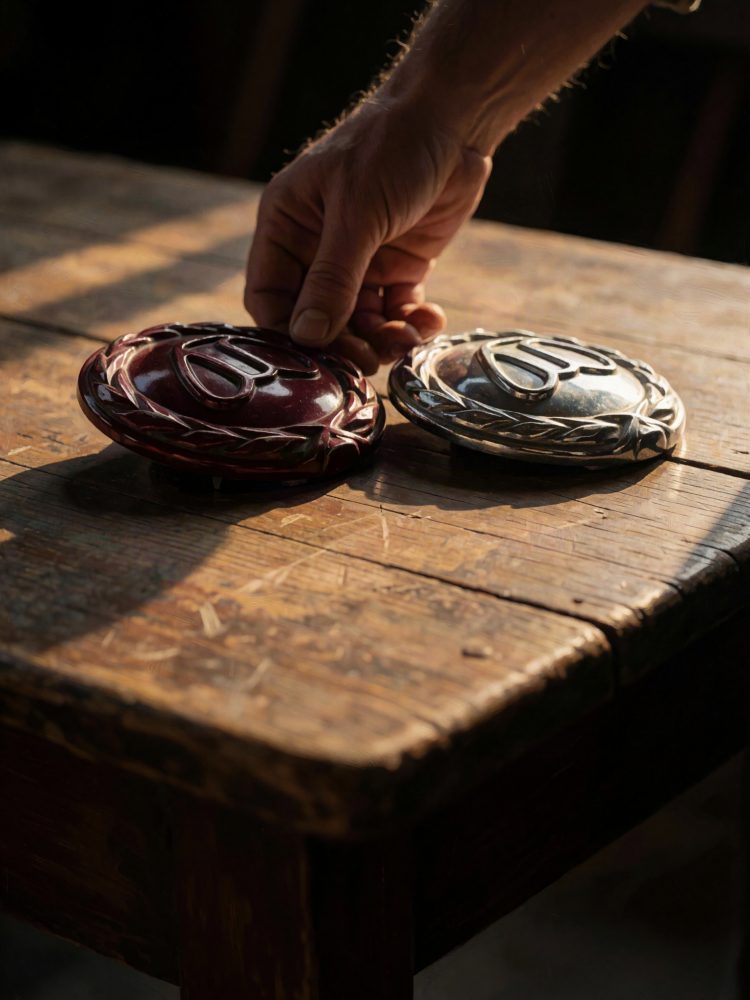 Dois emblemas metálicos para automóveis, vermelho e prata, sobre mesa de madeira, com mão a tocar emblema vermelho