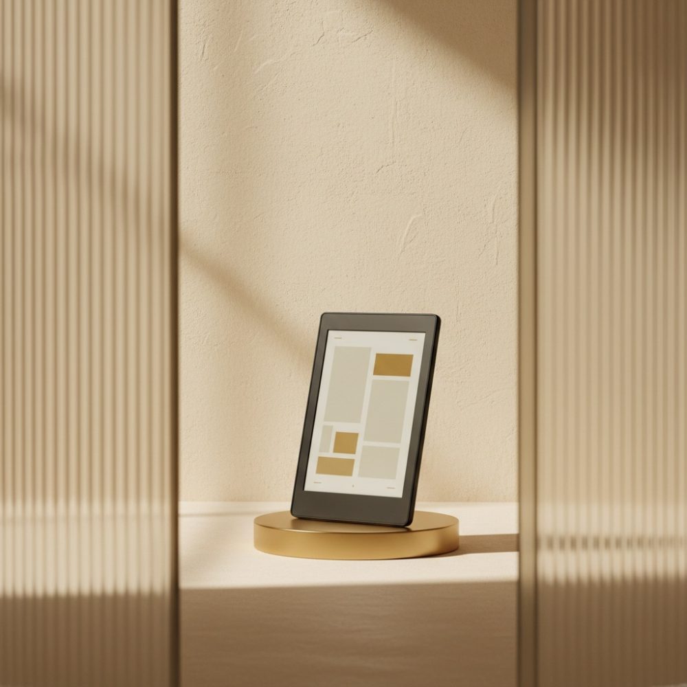 Leitor digital em base dourada com fundo bege texturado e luz natural suave