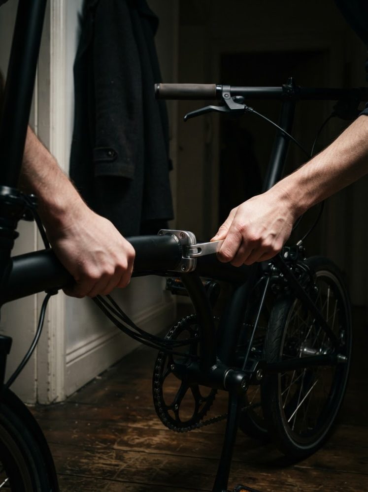 Mãos a montar bicicleta dobrável preta num piso de madeira em ambiente interior escuro