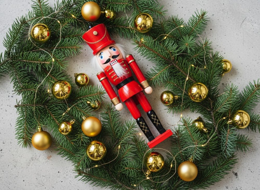 Soldado quebra-nozes vermelho numa guirlanda verde com bolas douradas e luzes de Natal