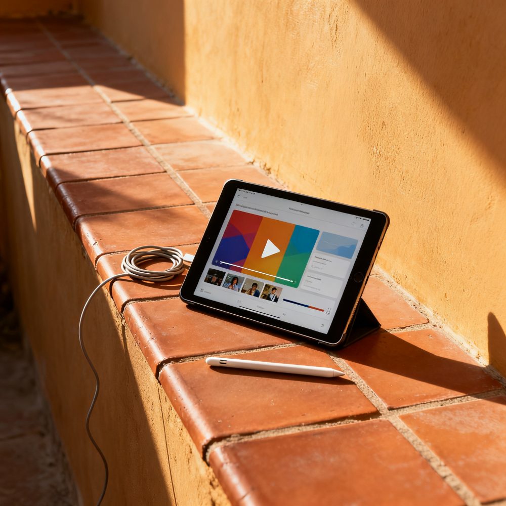 Tablet a mostrar vídeo colorido apoia-se em tijolos com lápis digital ao lado sob luz solar intensa