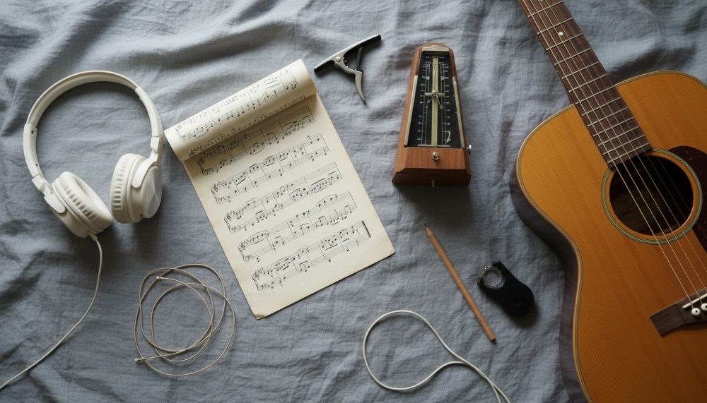 Guitarra acústica, auscultadores, pauta musical, metrónomo e acessórios musicais sobre tecido cinzento