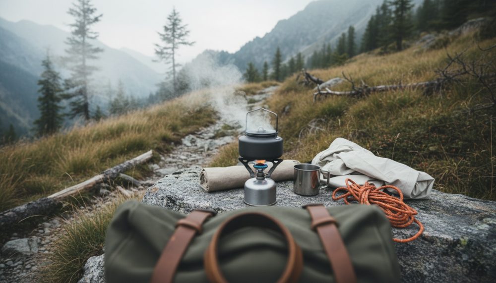 Equipamento de campismo com fogareiro, mochila e corda numa rocha em trilho de montanha