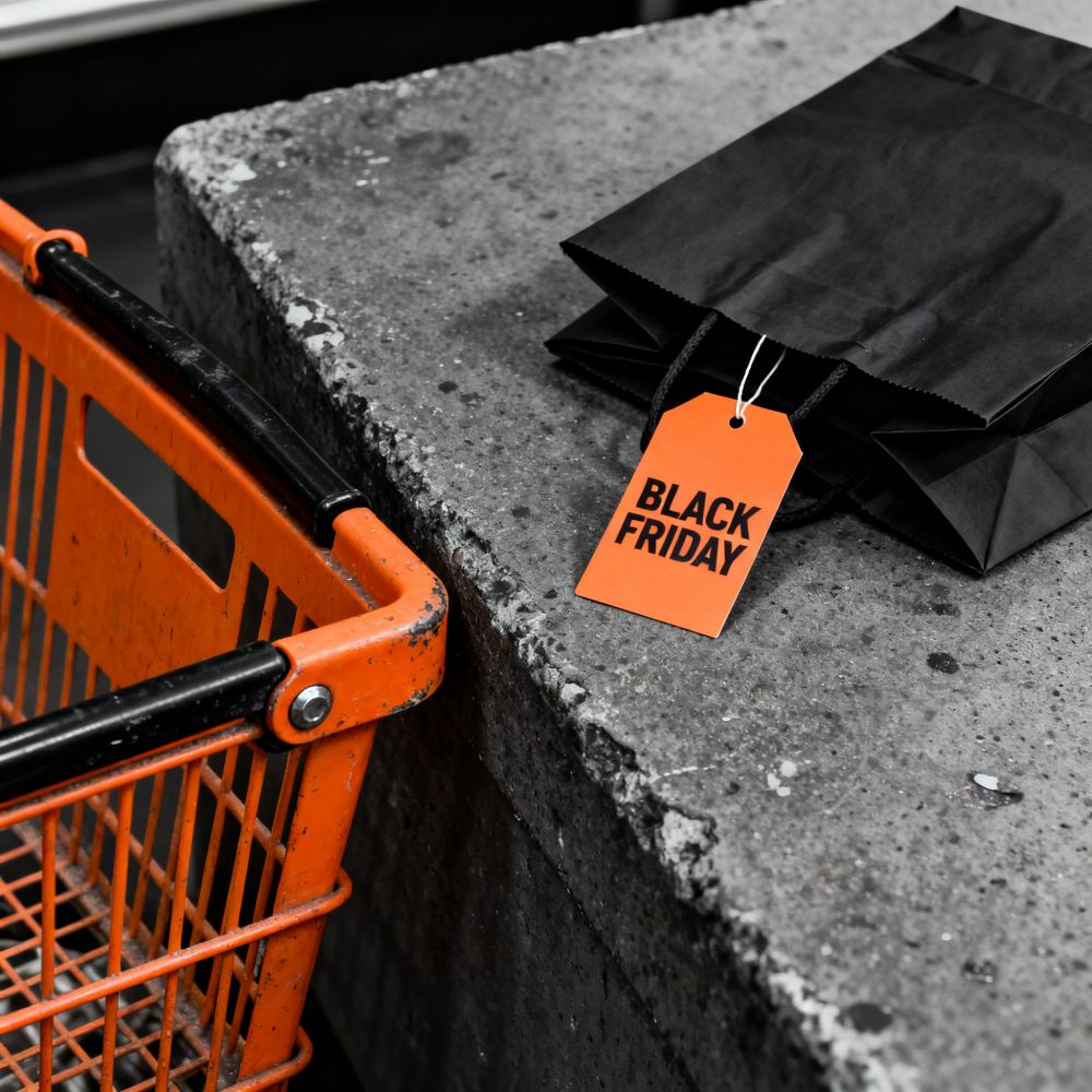 Saco preto com etiqueta laranja Black Friday ao lado de carrinho de compras laranja numa superfície de cimento