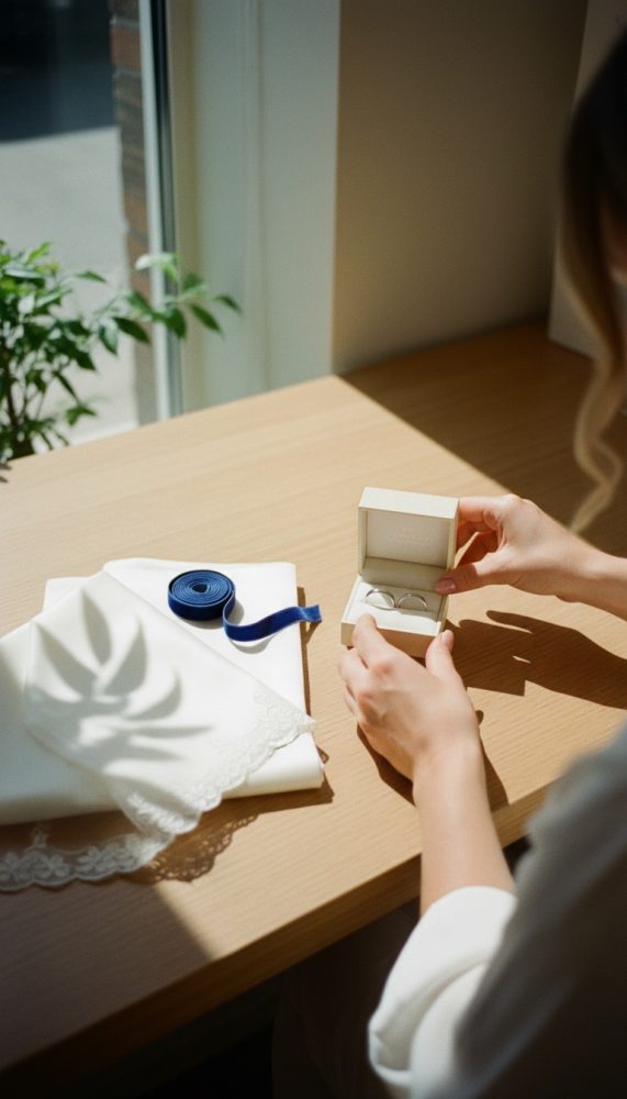 Mãos segurando caixa aberta com alianças junto a tecido branco com renda e fita azul na mesa