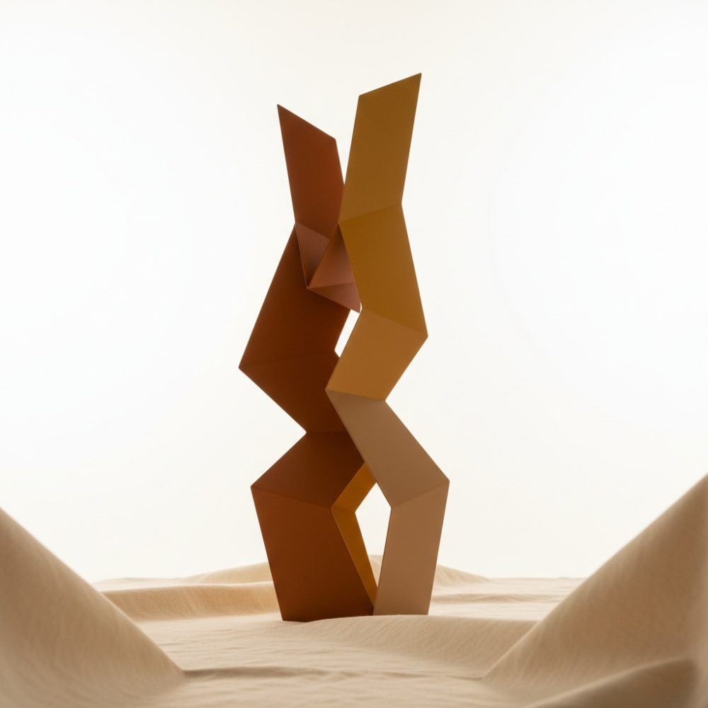 Escultura abstrata geométrica castanha e bege sobre superfície clara e fundo branco