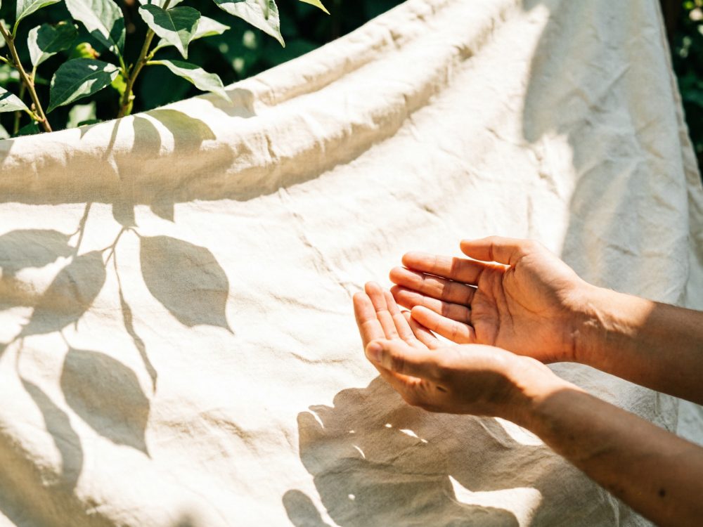 Mãos abertas sobre tecido claro com sombras de folhas verdes ao sol