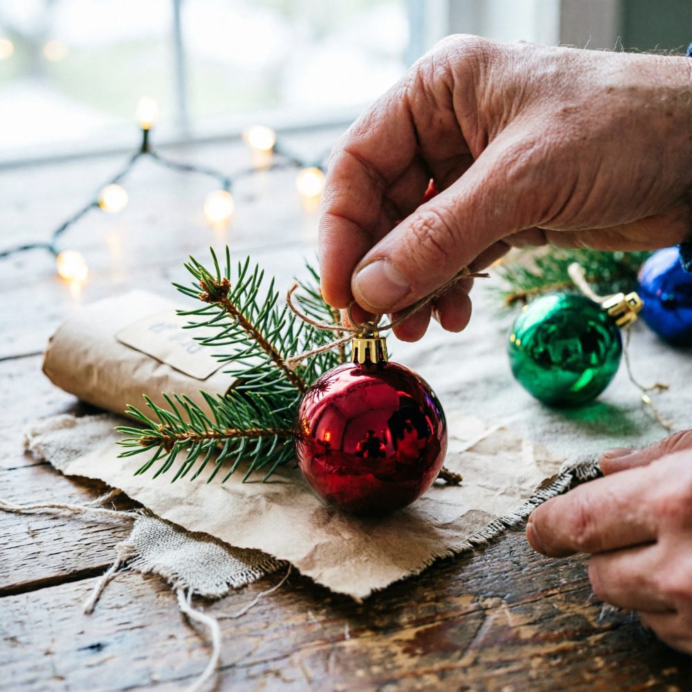Mãos a decorar bola vermelha de Natal com raminho de pinheiro e corda sobre mesa de madeira rústica
