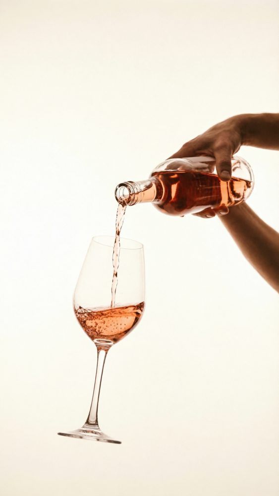 Mão a verter vinho rosé de garrafa para copo de vinho transparente