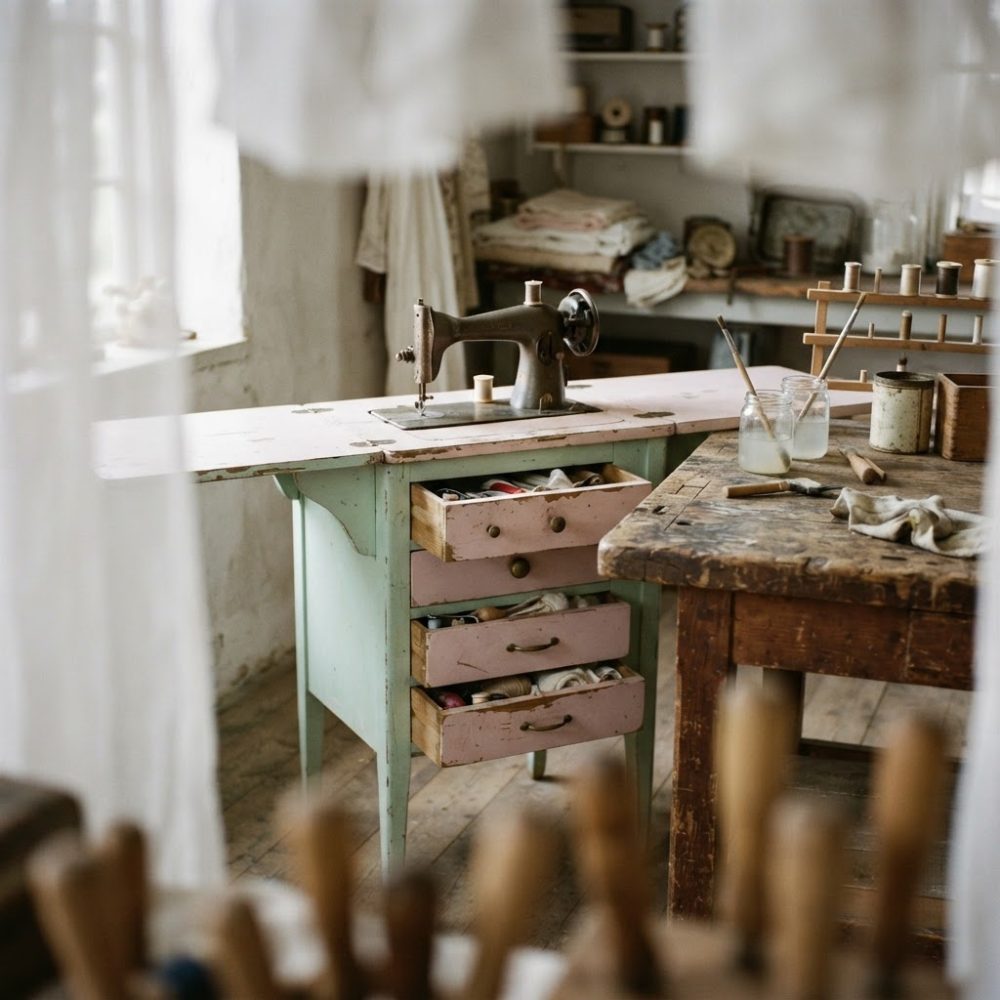 Máquina de costura vintage numa mesa antiga com gavetas e utensílios de costura