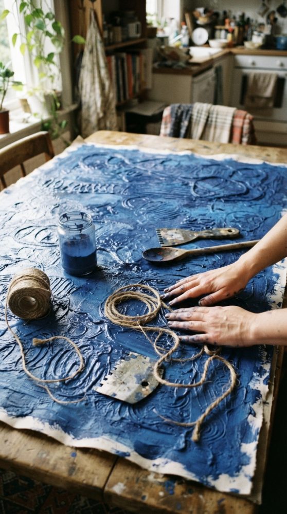 Mãos aplicam tinta azul texturada numa tela com corda e espátulas sobre mesa de madeira