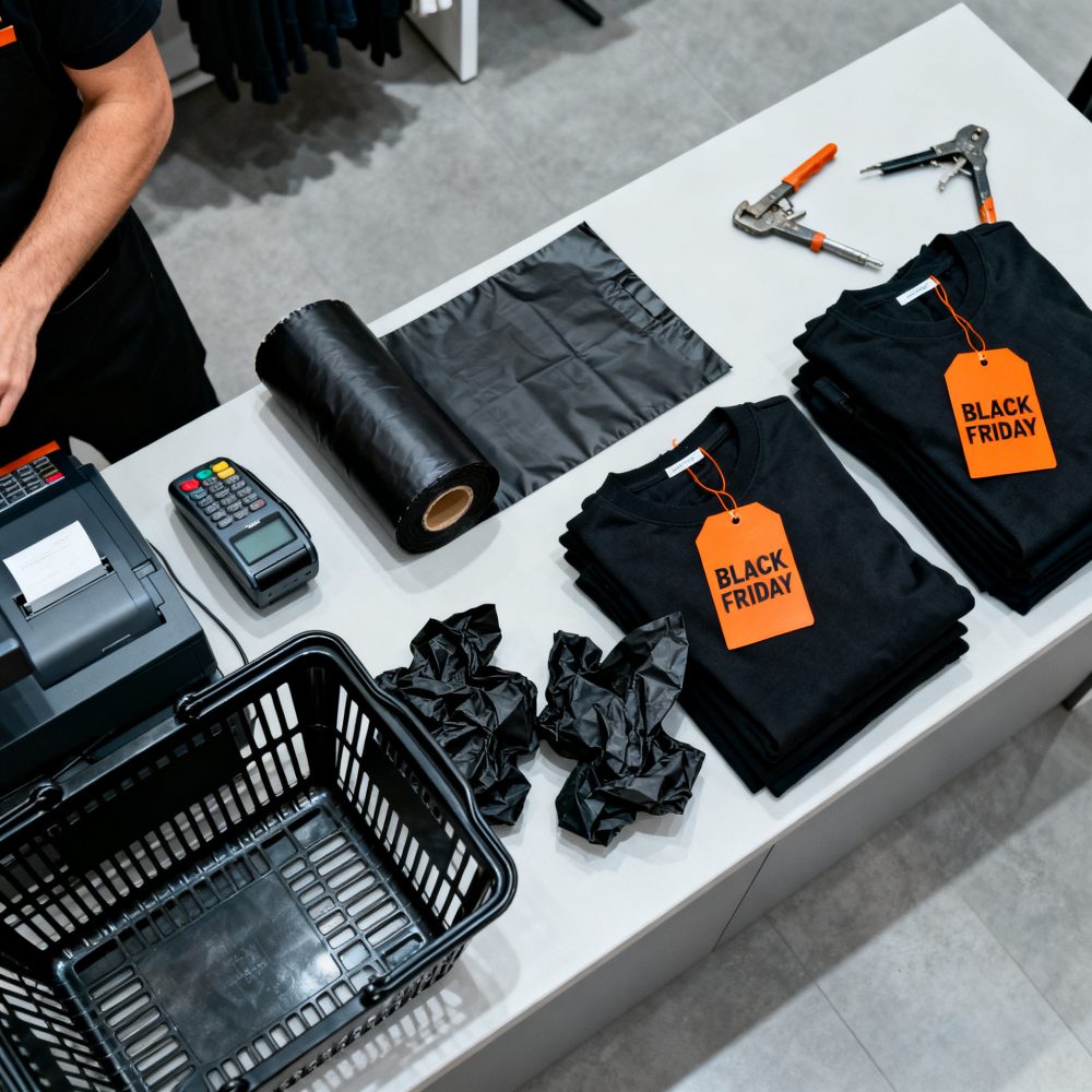 Balcão com t-shirts pretas com etiquetas de Black Friday e acessórios para pagamento e embalagem