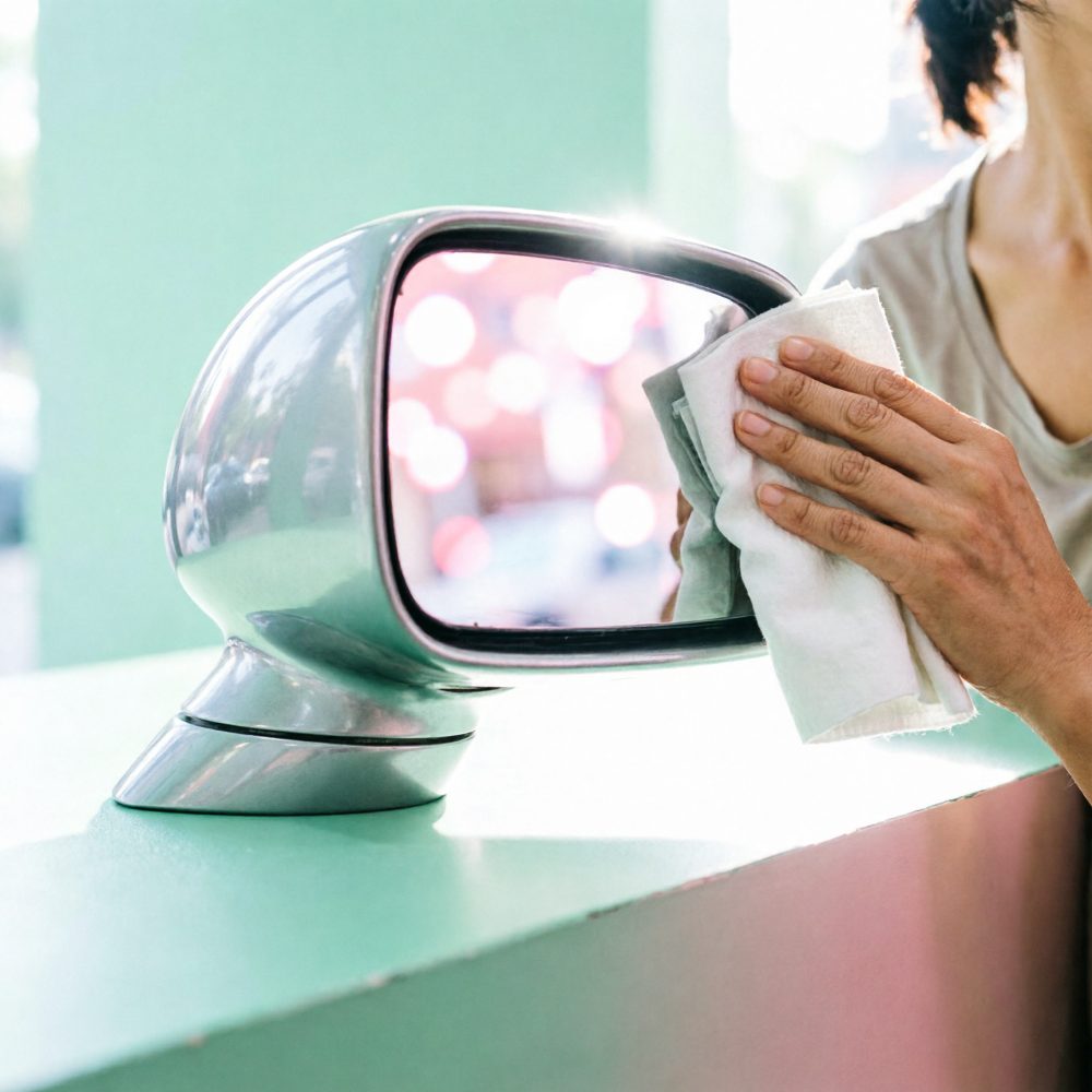 Mão a limpar espelho retrovisor lateral prateado de automóvel com pano branco