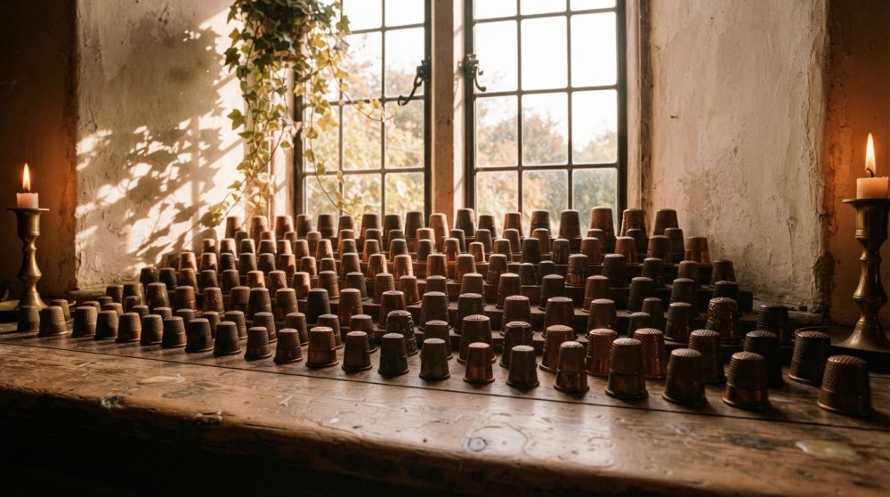 Dedais metálicos antigos organizados em filas numa mesa de madeira rústica junto à janela com velas acesas