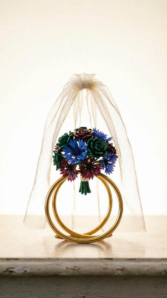 Duas alianças douradas com bouquet de flores coloridas e véu transparente por cima