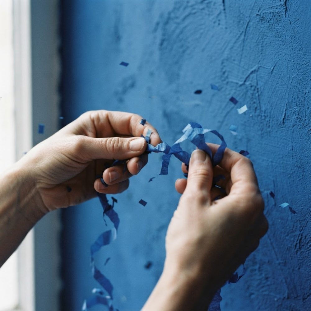 Mãos segurando serpentinas e confetes azuis frente a parede azul texturada
