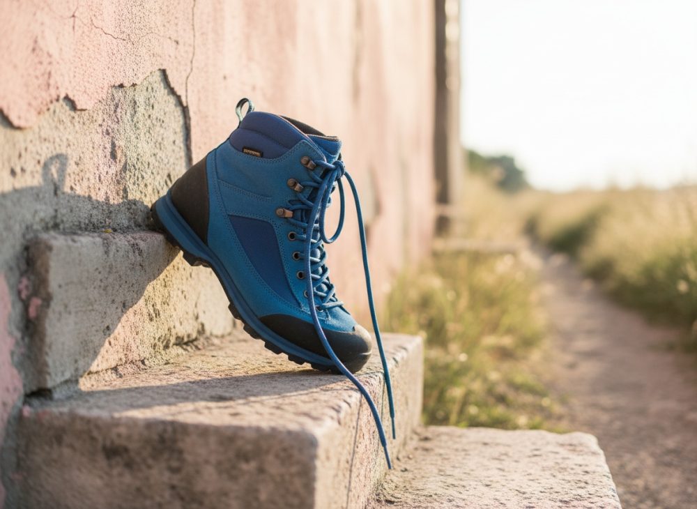 Bota de caminhada azul pousada em escadaria de pedra com caminho e vegetação ao fundo