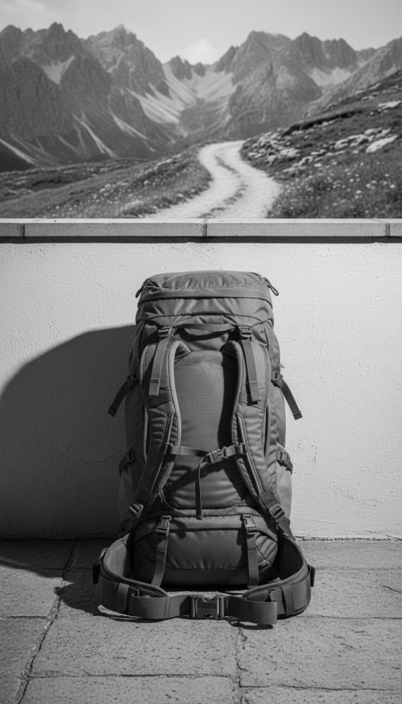 Mochila de campismo cinzenta com montanhas e trilho ao fundo em preto e branco