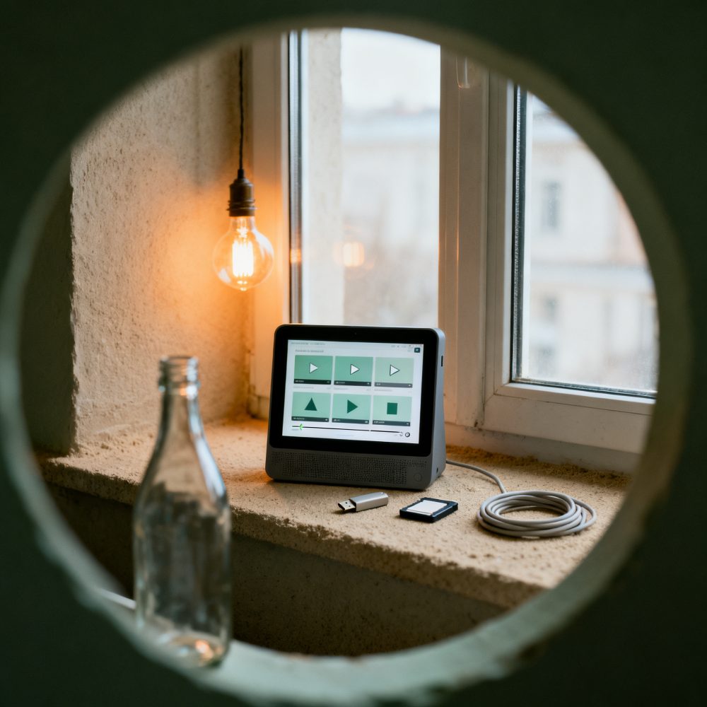 Dispositivo digital com interface de vídeos num parapeito perto de janela com luz quente