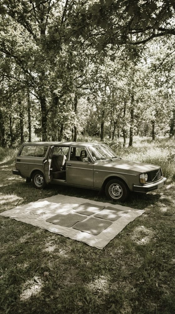 Carro clássico com portas abertas estacionado num bosque sob árvores, tapete cinzento estendido no chão