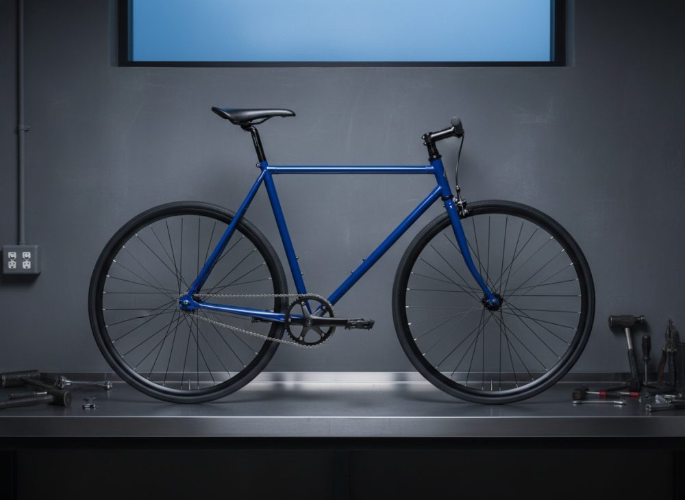 Bicicleta urbana azul com quadro leve em bancada cinzenta com ferramentas