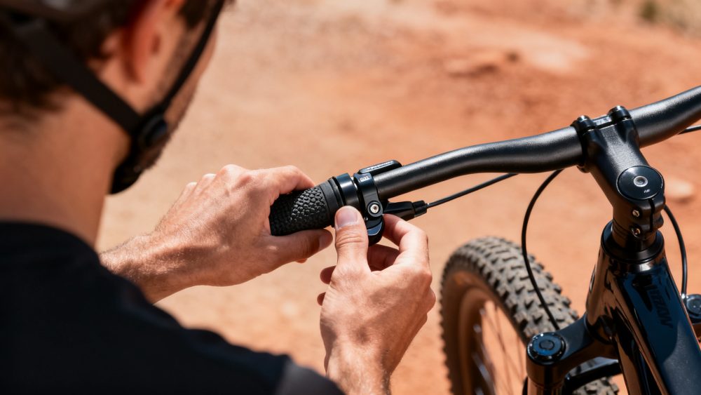 Mãos de ciclista a ajustar punho preto no guiador de bicicleta de montanha