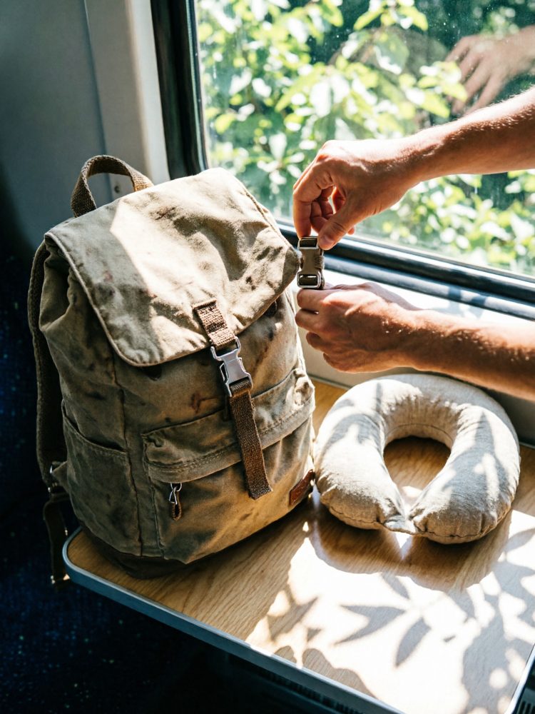 Mochila de tecido castanho com almofada de pescoço numa mesa de comboio iluminada pela luz natural