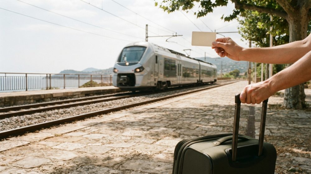 Bilhete na mão e mala junto a plataforma com comboio a chegar à estação