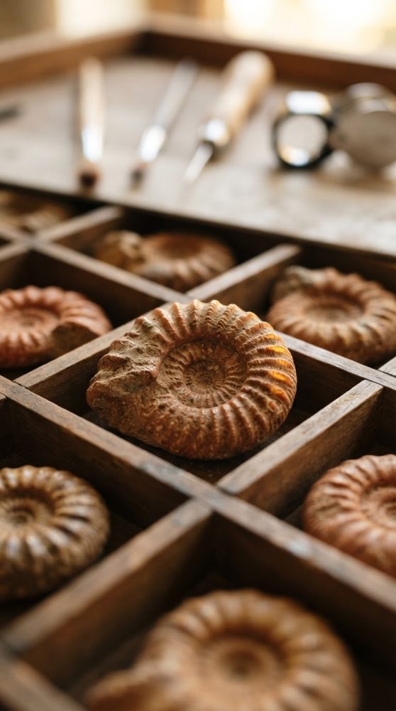 Vários fósseis Ammonite num compartimento de caixa de madeira com ferramentas ao fundo