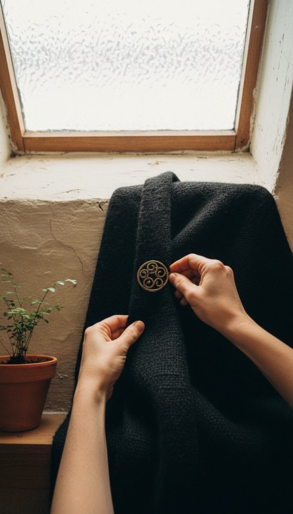 Casaco preto com botão decorativo segurado a duas mãos junto a janela fosca e planta em vaso