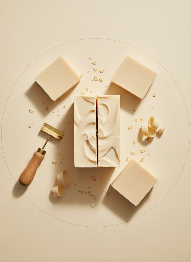 Sabonetes quadrados naturais com raspas de sabonete e flocos de aveia sobre fundo creme.