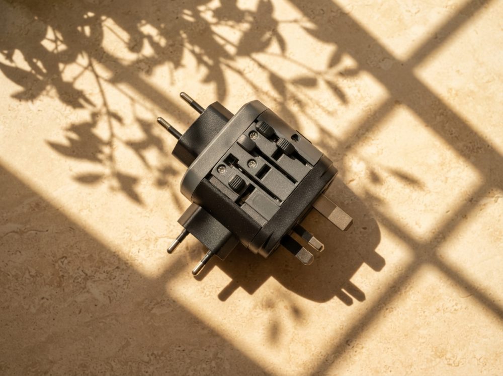 Adaptador universal de tomada preto para várias regiões, sobre piso claro com sombras de plantas